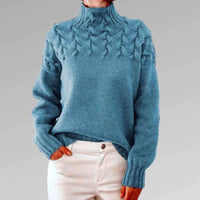 Pull col roulé couture bleu en maille torsadée, manches longues