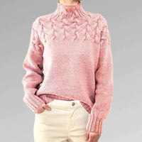 Pull col roulé couture rose en maille torsadée, manches longues