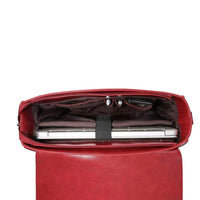 Sac à main cartable en cuir rouge, ouverture zippée, compartiment intérieur et sangle noire