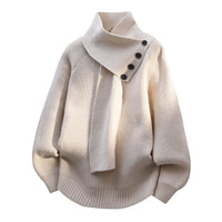 Pull col écharpe beige clair, boutons noirs, maille côtelée