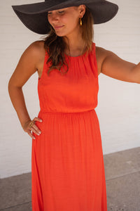 Robe d’été LISA™ orange vif, sans manches, encolure ronde, ceinture froncée
