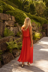 Robe d’été LISA™ orange vif, dos nu, ceinture froncée, jupe mi-mollet