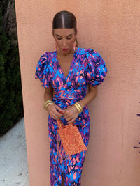 Robe midi imprimée, manches bouffantes et encolure en V, taille froncée