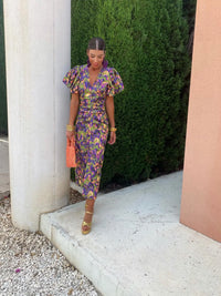 Robe midi à manches bouffantes, encolure V, motif léopard multicolore vert et violet, ajustée