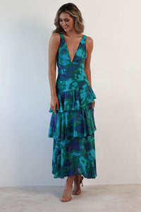 Robe midi à volants bleu-vert à motifs, bretelles fines et encolure V