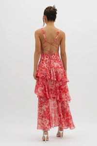 Robe midi à volants rouge à motifs, dos nu avec fines brides croisées