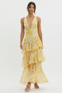 Robe midi à volants jaune à motifs floraux, décolleté en V, bretelles fines