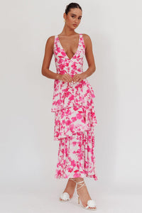 Robe midi à volants rose fuchsia à motifs floraux, décolleté en V, bretelles