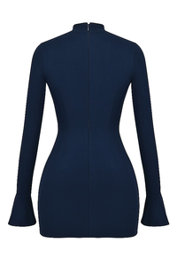 Robe courte Zevuri bleu marine vue de dos, fermeture centrale, manches évasées
