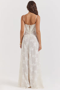 Robe longue NOIR SEREN blanc cassé, dos nu à laçage, motif floral, bretelles fines