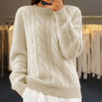Pull chaud en maille torsadée, col rond, manches longues, beige clair