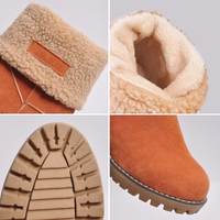 Détails bottes doublées camel : col sherpa, intérieur moelleux et semelle crantée.