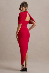 Robe longue asymétrique rouge, dos échancré, manches courtes, col montant.