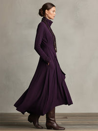 Robe violette drapée à manches longues, coupe asymétrique, jupes superposées