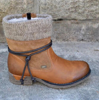 Bottes chaudes orthopédiques marron, tige cuir avec col en tricot, talon épais, laçage.