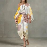 Robe Daniela à franges, imprimé géométrique blanc/rose/jaune, drapée asymétrique