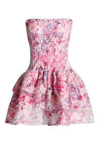 Robe fleurie bustier rose à volant en dentelle, jupe courte évasée