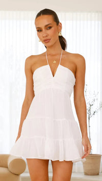 Robe courte à bretelles fines, décolleté en V, volants superposés, robe blanche