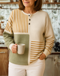 Pull en maille à manches longues, henley boutonnée noire, blocs crème/olive et rayures