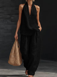 Ensemble faux lin noir: top col V sans manches et pantalon ample