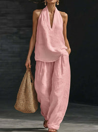 Ensemble faux lin rose: top col V sans manches et pantalon ample